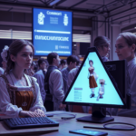 Frau in traditioneller Kleidung bedient einen futuristischen Computer